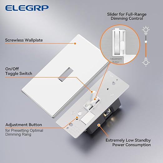 ELEGRP Digital Dimmer Switch for LED/CFL, Toggle Dimmer Switch with Decorative Frameless Design Wallplate, Single Pole/3-Way, UL Listed, 10 Pack, White