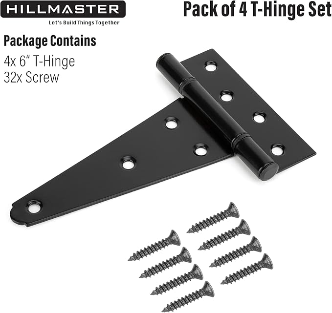 HILLMASTER 6 Inch T-Strap Heavy Duty Shed Door Hinges Gate Strap Hinges Black Tee Hinge Wrought Hardware for Wooden Fences,Yard,Barn Door,Rustproof (4 Pack)