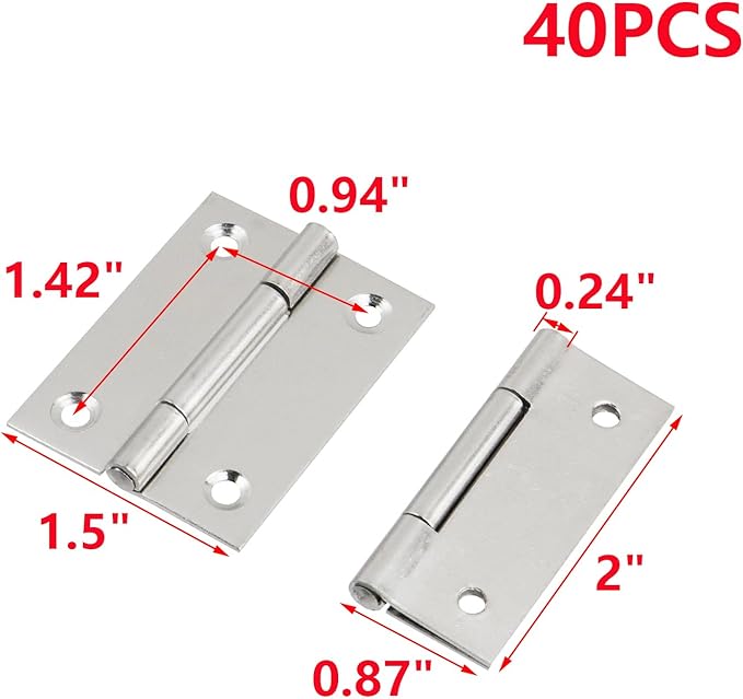 MY MIRONEY 40PCS Stainless Steel Folding Hinges 2 Inch Silver Cabinet Door Hinge Home Furniture Hardware Hinge for Wooden Box, Door and Window, DIY Projects