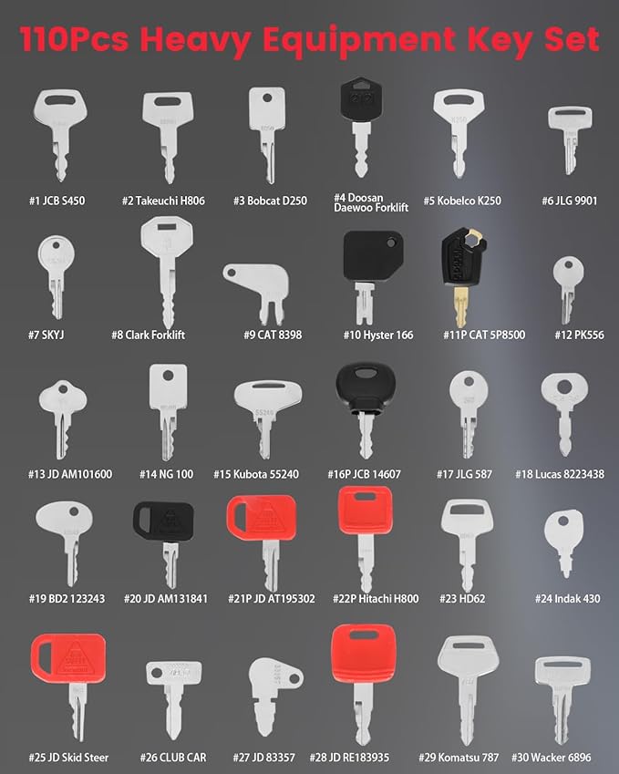110PCS Non-Duplicate Heavy Equipment Keys Master Set Construction Ignition Key, 2 Sets of 28-Clip Marked Keychains, Operator Keys for cat John Deere Komatsu etc. Fit Excavator Forklift Tractor etc.
