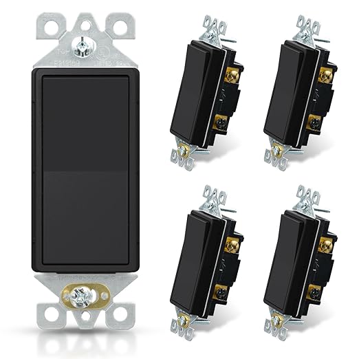 ELEGRP Matte Black 3 Way Decorative Light Switch, 15Amp, 120-277 Volt, AC Decorator Rocker Paddle Wall Switch Replacement, Self-Grounding, Residential and Commercial Grade, UL Listed (5 Pack)