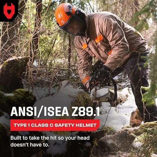 NoCry ANSI Z89.1 Rated Arborist Helmet — Chainsaw Helmet with Face Shield and Ear Muffs — Adjustable Hard Hat with Adaptive Ventilation; Impact-Resistant Mesh Face Shield for Forestry with Side Guards
