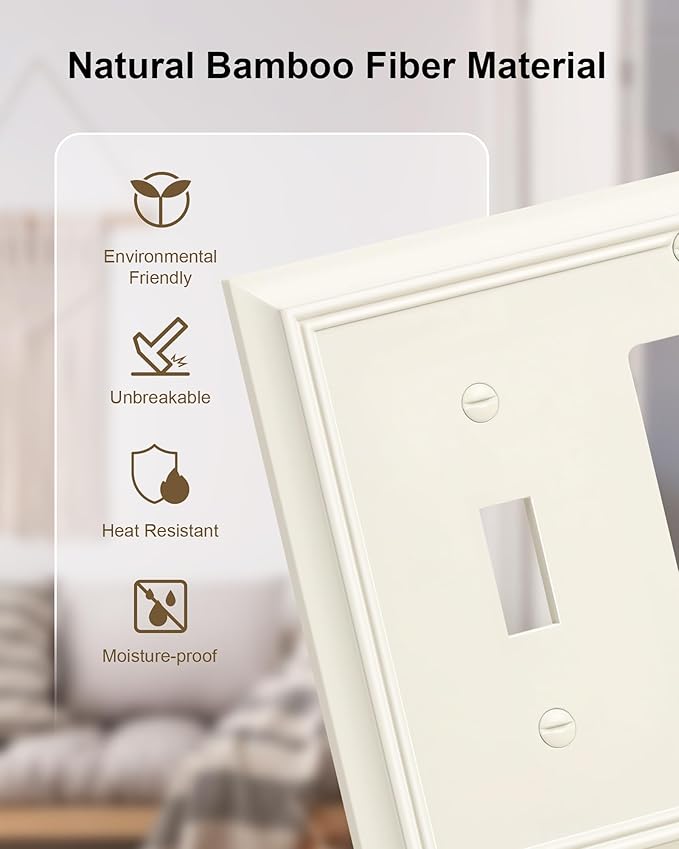 2-Pack Combo Toggle/Double Decorator Outlet Cover Plate, Light Almond Decorative Switch Plates and Outlet Covers, Durable Natural Bamboo Fiber Wall Plate for Electrical Outlet, Receptacle, GFCI Outlet