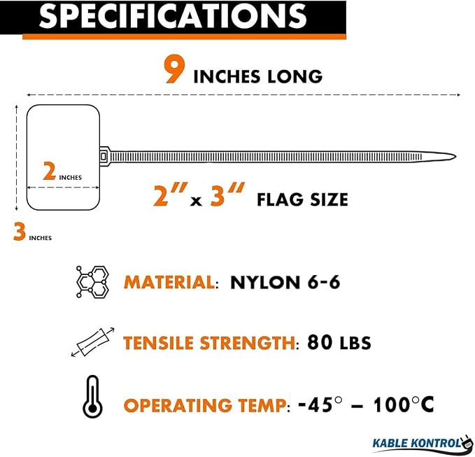 Kable Kontrol Cable Marker Identification Zip Ties 9 Inch 100 Pcs – Orange | Large ID Flag Label Straps, Self-Locking Write on Tags for Ethernet, Power, and Cord Labeling