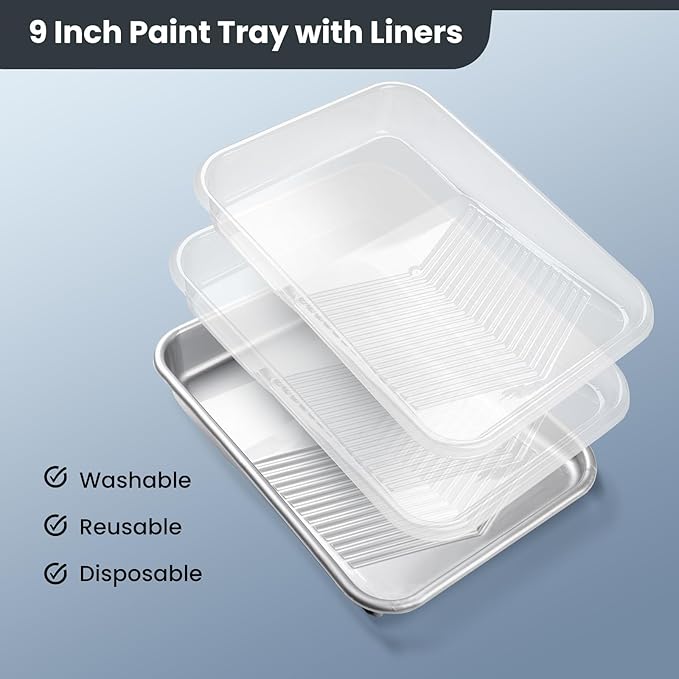 Mister Rui 9 Inch Paint Tray Liners, 20 Pack Disposable Paint Roller Tray Liners 9 Inch, Large Paint Trays for Painting Walls, Plastic Paint Tray, Replaceable Tray Liners