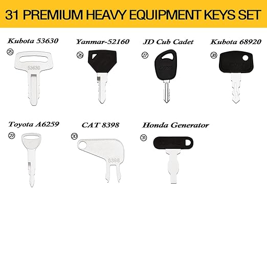YASASHII 31 Heavy Construction Equipment Key Set fits Cat, JD, Case, Komatsu, Hyster, Kubota, JCB, Bobcat, Daewoo, JLG, Toyota & More