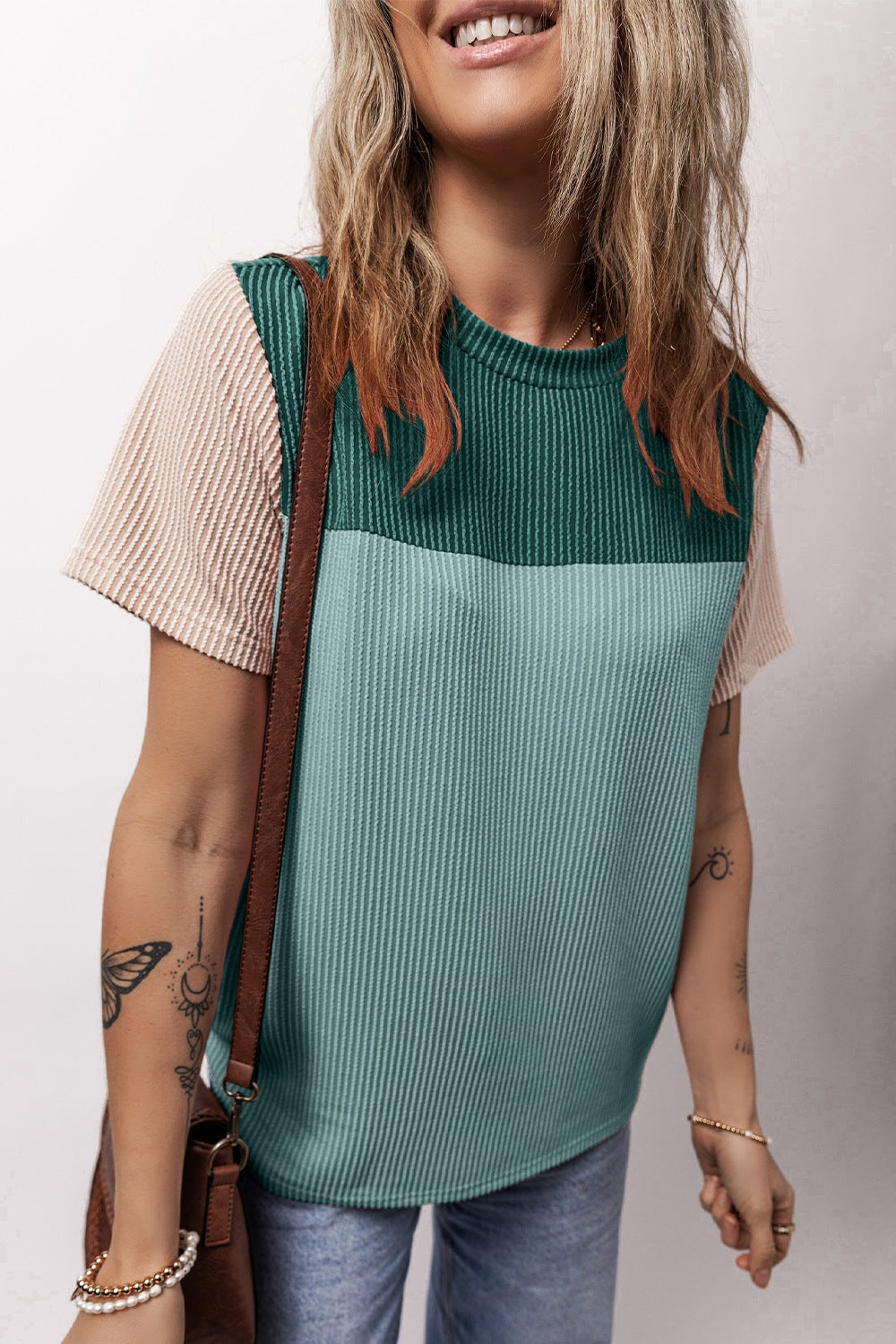 Color Block Round Neck Short Sleeve T-Shirt