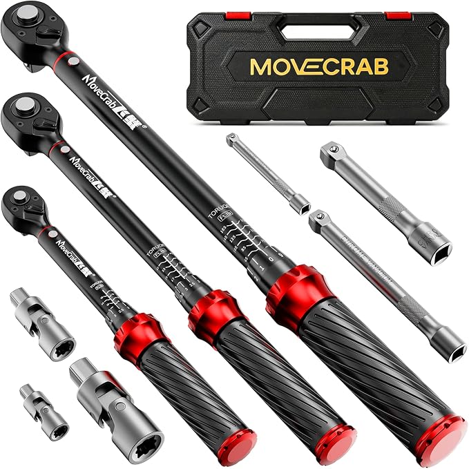 9-Piece Click Torque Wrench Set, 1/4", 3/8" & 1/2" Drive, ±3% | 4-20, 5-45, 15-165 Ft.lb Dual-Direction Torque Wrenches, CNC Handle for Bicycle, Motorcycle & Automotive Repair