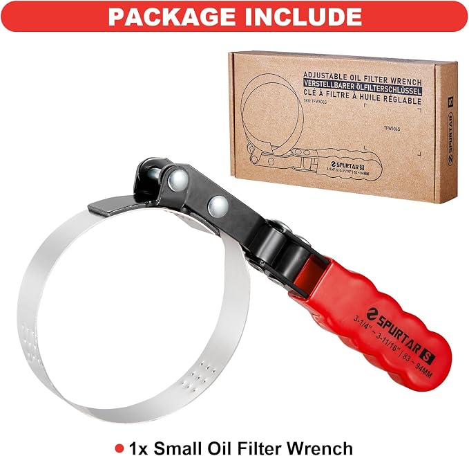 Spurtar Small Oil Filter Wrench Adjustable Swivel Oil Filter Removal Tool | Fits Filters 3-1/4" to 3-11/16" (83-94mm) for 4S Shop Auto Repair Mechanic DIY Generator Small Engine