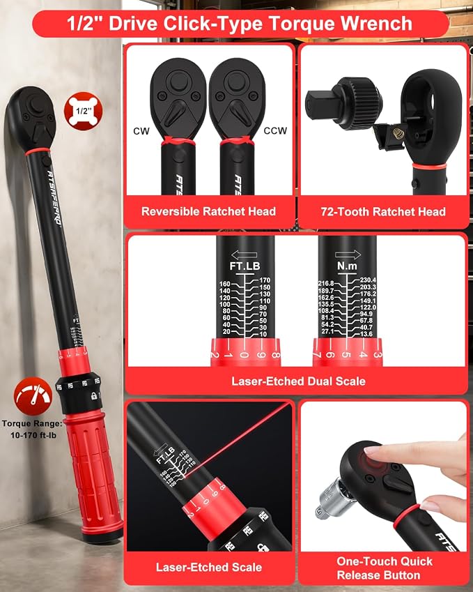 1/2" Drive Click Torque Wrench Set-10-170 Ft-lb, +/-3% Accuracy, 22-Piece | 72-Tooth Dual Direction, Metric 8–24mm Sockets for Automotive Lug Nut, Suspension & Engine Maintenance, ISO 6789 Certified