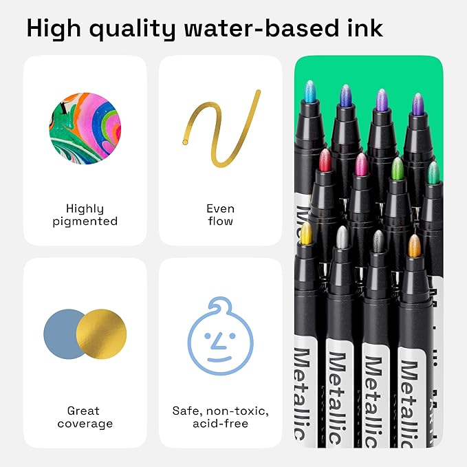 ARTISTRO 12 Metallic Paint Pens for Glass Marking, Rock Painting, Ceramic, Wood, Fabric, Scrapbooking, DIY Craft Making, Coloring - Acrylic Paint Markers Bullet Tip 2.5mm