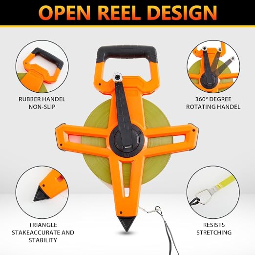 1 Pcs 167ft/50m Open Reel Steel Long Tape Measure, Heavy Duty 1/2" Nylon-Coated Blade with Dual Inch & Metric Scale, Tape Measure for Construction, Surveying, Concrete Work, Orange