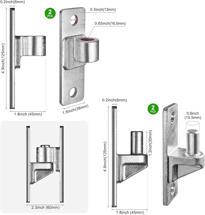 Heavy Duty 4.9" Gate Hinges, Steel Hinges with Electroplated Coating, 2‑Pack Wall‑Mount Female & Male Hinges for Fences & Farm Gates, 600 lbs Capacity