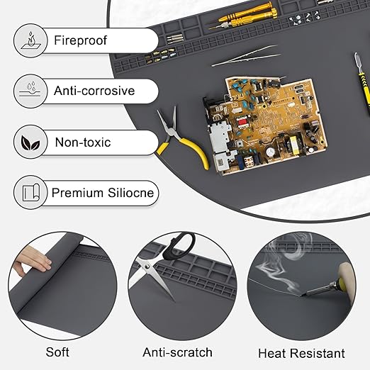 23.7'' x 13.8'' Large Soldering Mat with Wrist Strap and Grounding Accessories, 932°F Heat Resistant Silicone Repair Mat, Extra Large Work Mat for Electronics Cellphone Laptop Repair (Grey)