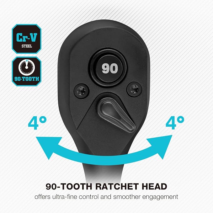 DURATECH 1/2-Inch Drive Ratchet, 90-Tooth Quick-Release Ratchet Wrench | Reversible, Cr-V Made, 4° Swing, Manganese Phosphate Black Finish, Socket Wrench for Men Women Stocking Stuffer for Men Women