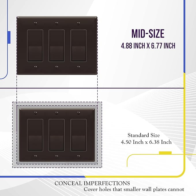 ENERLITES Triple Decorator Switch Cover, Three Gang Outlet Wall Plate, Gloss Finish, Mid-Size 3-Gang 4.88" x 6.77", Unbreakable Polycarbonate Thermoplastic, UL Listed, 8833M-BR, Brown