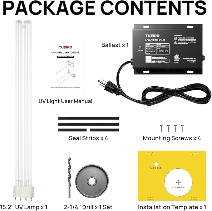 TURBRO 36W UV Sanitizer Lamp with Energy Saving Airflow Sensor, Ozone Free Ultraviolet Light, Air Purifier for HVAC Units and Ducted Systems, Direct Plug-in 120V, UV36PA