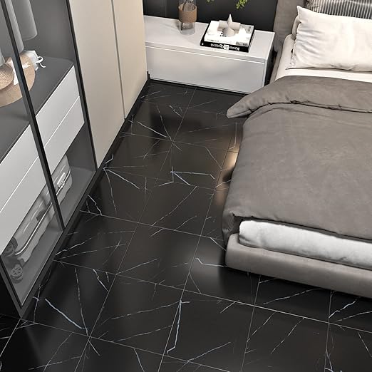 WESTICK 5 Pack Black Marble Vinyl Floor Tile Peel and Stick Flooring Luxury Bathroom Floor Tiles Peel and Stick Waterproof Kitchen Self Sticky Vinyl Flooring Tiles for Bedroom Basement 12" x 12"