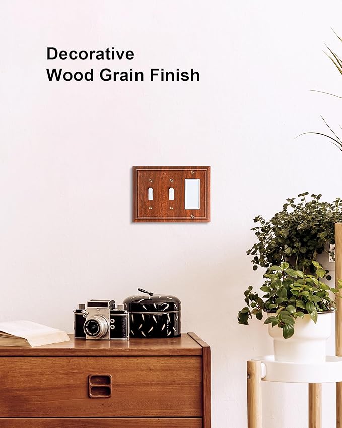 2-Pack Combo Double Toggle/Decorator Outlet Cover Plate, Wood Grain Decorative Switch Plates and Outlet Covers, Durable Natural Bamboo Fiber Wall Plates for Electrical Outlets, Receptacle, GFCI Outlet