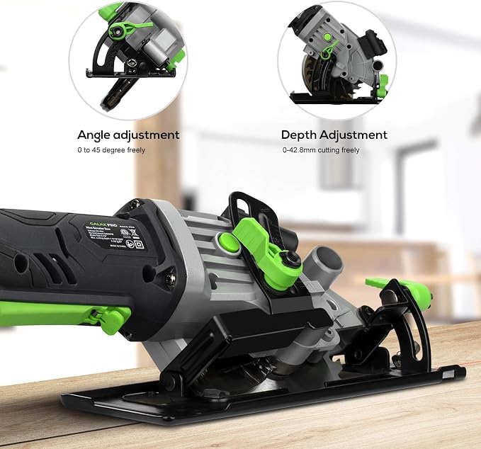 GALAX PRO Mini Circular Saw, DC20V 4-1/2" Cordless Circular Saw with 2.0Ah battery, Laser Guide, Rip Guide, 2 Pcs Blades(24T+ 60T), 3400RPM, Max Cutting Depth 1-11/16"(90°), 1-1/8"(45°)