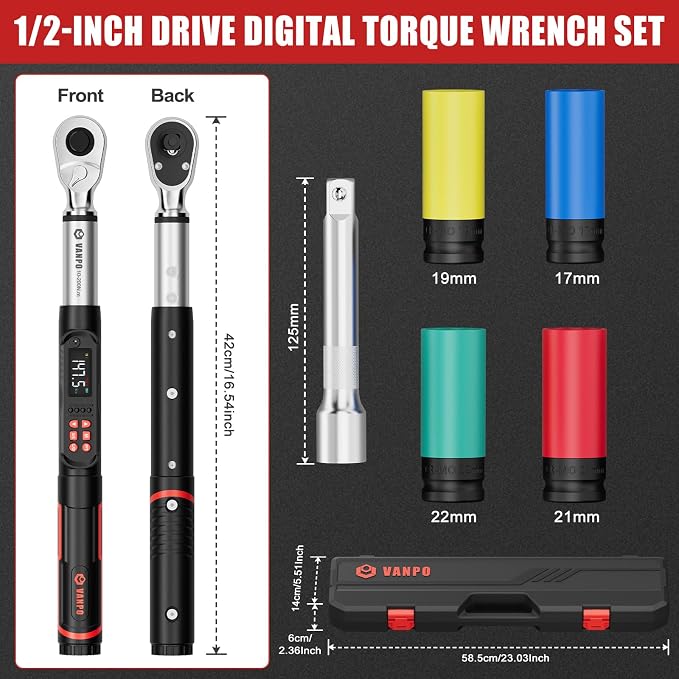 VANPO 1/2 Drive Digital Torque Wrench Set 7.4-147.5 ft.lb, ±2% Accuracy | 10-200 Nm, Electronic Torque Wrench with Sockets & Extension Bar, Buzzer/LED/Vibration Alarm, for Tire Lug Nuts, Auto Repair