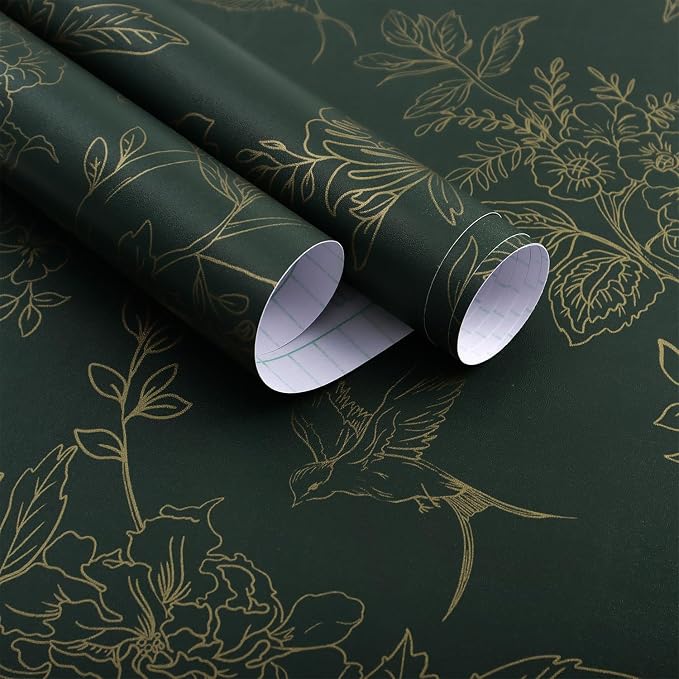Froluya Dark Green and Gold Wallpaper Floral Peel and Stick Wallpaper 17.7"x393.7" Vintage Floral Contact Paper Peel and Stick Flowers Birds Removable Self Adhesive Wall Paper for Bedroom Cabinets
