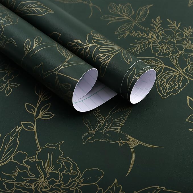 Froluya Dark Green and Gold Wallpaper Floral Peel and Stick Wallpaper 17.7"x196.8" Vintage Floral Contact Paper Peel and Stick Flowers Birds Removable Self Adhesive Wall Paper for Bedroom Cabinets