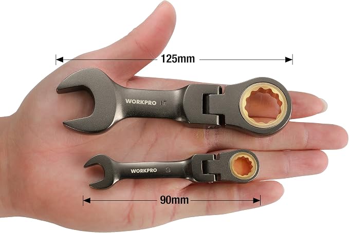 WORKPRO 8 Piece Flex Head Stubby Ratcheting Wrench Set, Metric 9-17mm | 72-tooth CR-V Wrenches with Nickel-plated Finish for Automotive, Garage and Home Repairs, Includes Rolling Pouch