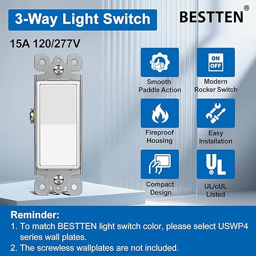 BESTTEN 30 Pack 3 Way Decorator Light Switch, 15A 120/277V, On/Off Paddle Rocker Interrupter, Electrical Wall Light Switches, Single Pole or Three Way, UL Listed, White