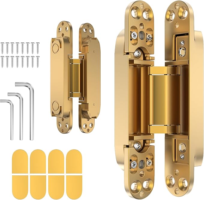 6" 2 pcs Hidden Hinges for Doors Invisible Hinges Concealed Zinc Alloy 180 Degree Swing 3 Way Adjustable Butt Silent Door Hinge 6 x 2.5 x 1 inch (Gold)
