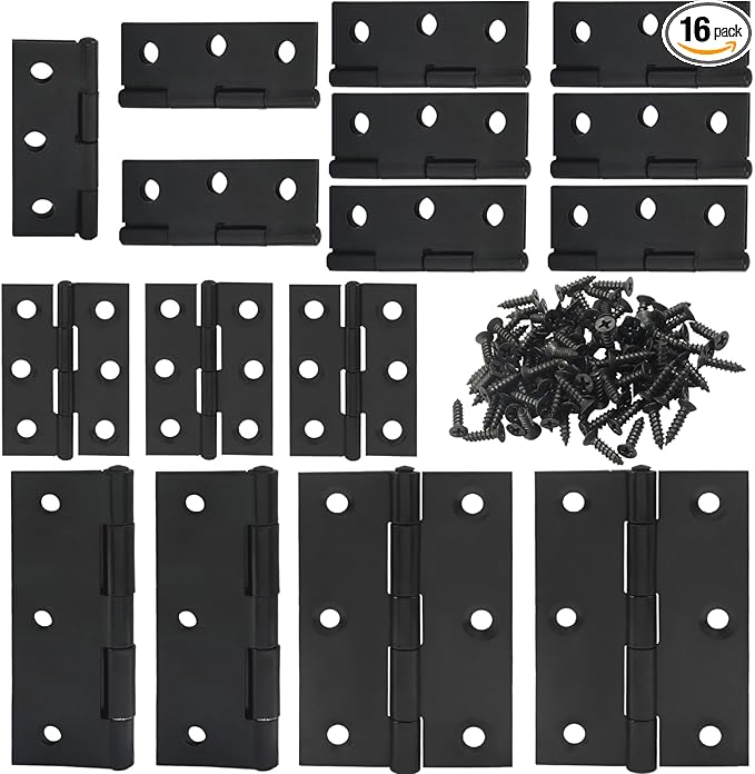 BokWin 12 Pcs 2 Inch and 4 Pcs 3 Inch Small Door Hinges Butt Folding Hinges Stainless Steel Black with Screws for DIY Wooden Boxes, Furniture, Woodworking Craft Projects