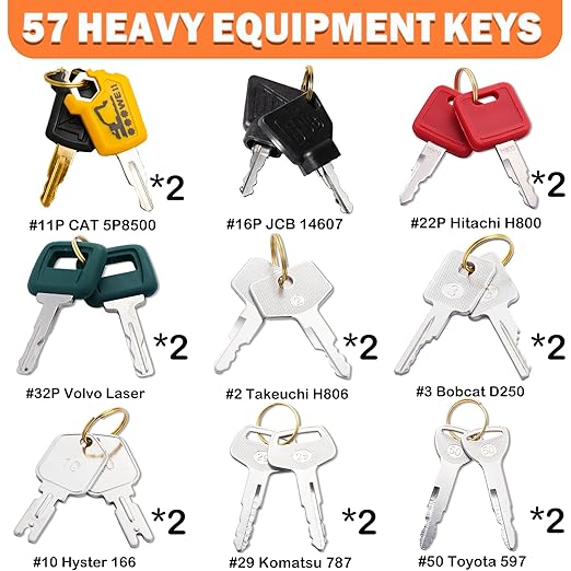 57PCS Heavy Equipment Keys Master Set, Construction Equipment Keys for Cat Caterpillar John Deere Komatsu Volvo Bobcat Kubota JCB Case New Holland Hitachi Hyster Yanmar Takeuchi Contractor Machinery
