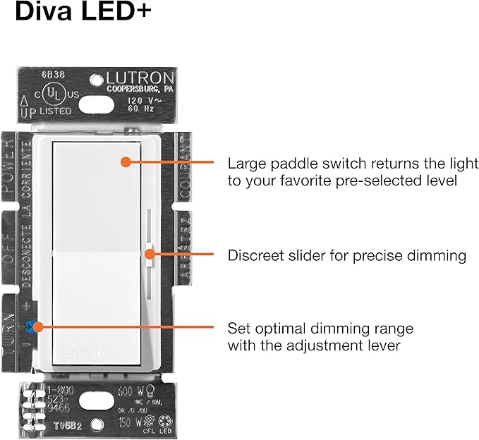 Lutron Diva LED+ Dimmer Light Switch for Dimmable LED, Halogen, and Incandescent Bulbs, 150 Watt, Single-Pole or 3-Way, DVCL-153P-WH, White (2-Pack)