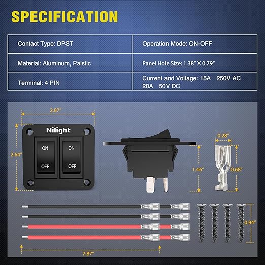 Nilight 2 Gang ON-Off Switch Panel 4 PIN DPST Toggle Switches 12V 20A Black Anodized Aluminium Shell Bracket with Screws Ternimals Jumper Wires Set for Cars Trailers Boats RV Camper