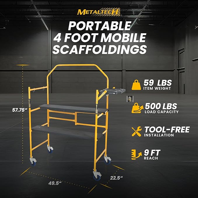 MetalTech 4 Ft Scaffolding Platform, Adjustable, Foldable and Rolling Scaffold Platform with 4-Inch Locking Wheels for Construction & DIY Projects