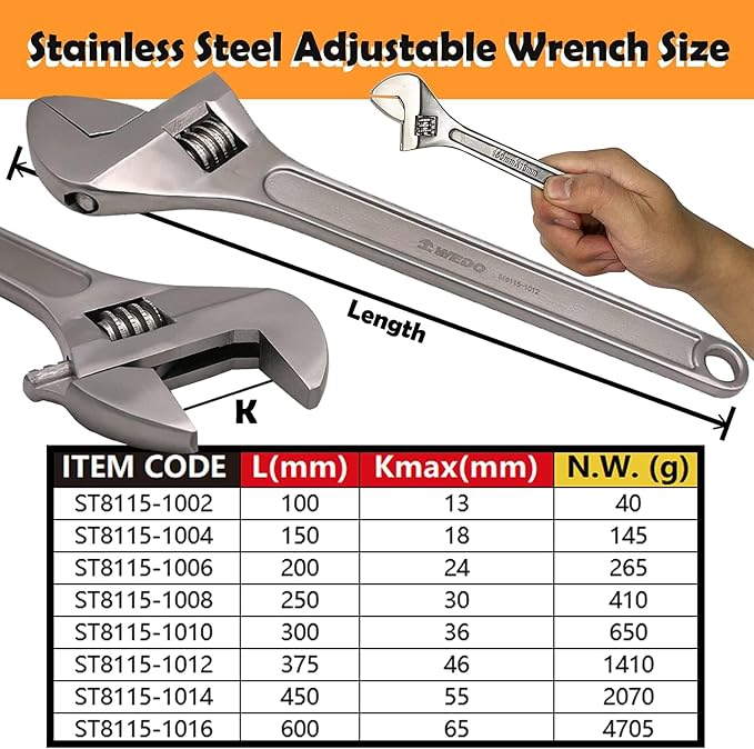 WEDO 8 inch Adjustable Wrench, Stainless Steel Adjustable Spanner, Professional Spanner, Wrench, Precision Milled Jaws for Max Gripping Power, Anti-Corrosion,High Strength, Length 200mm | Professional Spanner,Precision Jaws,Corrosion Resistant,Rust Pro...