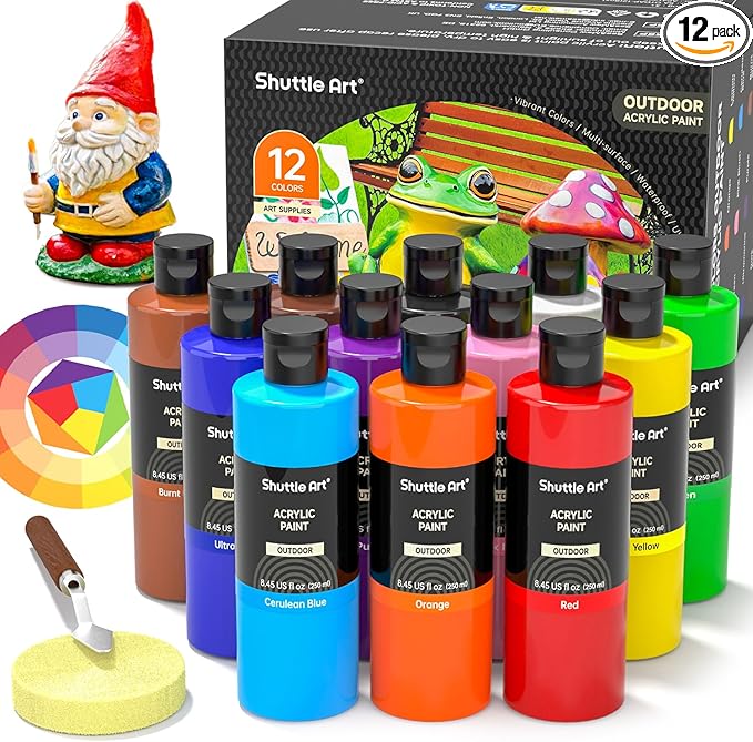 Shuttle Art Outdoor Acrylic Paint Set, 12 Colors Waterproof Paint, 8.45oz/250ml Large Bottles, Rich Pigmented Bulk Painting Supplies for Artists, Beginners on Rocks, Wood, Wall, Crafts, Garden Statues