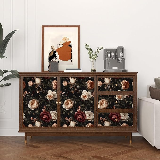 Gothic Black Red Rose Floral Wallpaper Peel and Stick 17.5"x393" | Self Adhesive/Removable/Waterproof/Thick Vinyl Vintage Contact Paper for Bathroom Bedroom Shelf Cabinet Drawer,Prepasted