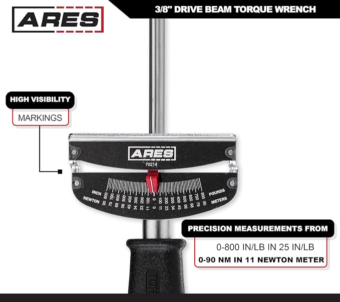 ARES 70214 3/8-In Drive Beam Torque Wrench - 0-800 In/Lbs, 0-90 N/M | High-Visibility Markings for Easy Reading