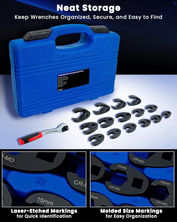 SIXIWANZI Metric Crowfoot Wrench Set, Flare Nut Crowfoot Set 8-32 mm | 19-piece metric kit, 8-32 mm crows foot, 3/8" and 1/2" drives, anti-slip flare nut grip, return tab design
