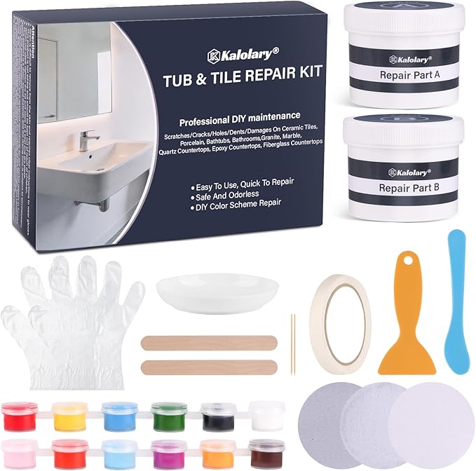 Kalolary Tub and Fiberglass Shower Repair Kit, 3.6oz Porcelain Repair Kit, Porcelain Sink and Acrylic Bathtub Repair Kit for Cracks Chips Dents Scratches Holes