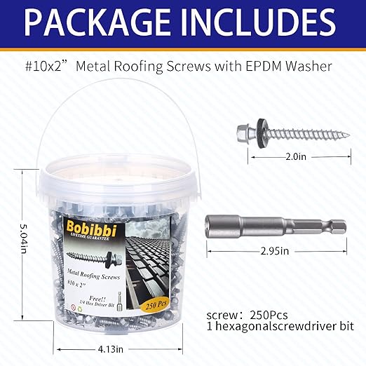 Metal Roofing Screws 10 x 2 inch, Hex Head Sheet Metal Roof Screw with EPDM Washer for Corrugated Roofing (250Pcs)