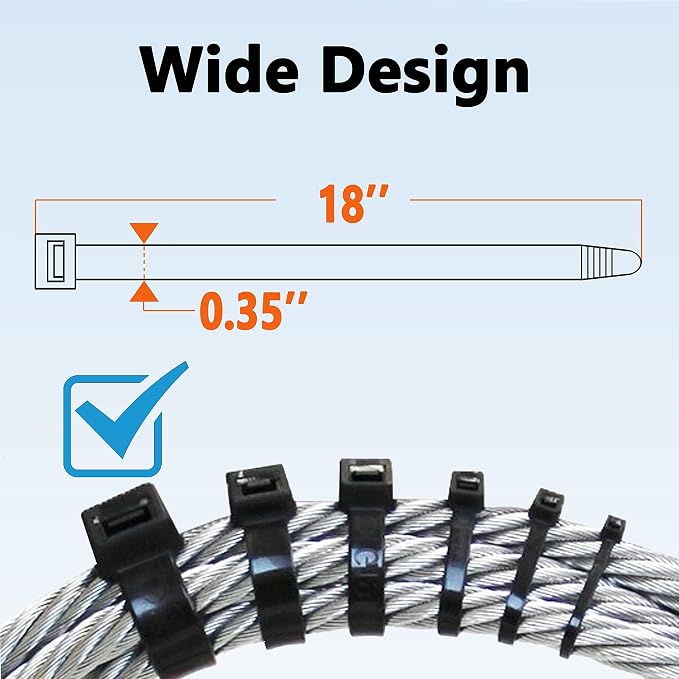 200lb Zip Ties Heavy Duty 18 Inch 70pcs, Large Black Cable Tie, Thick Heat Resistant Zipties, Big Wide Wire Ties, Industrial Tie Wraps for Outdoor Use