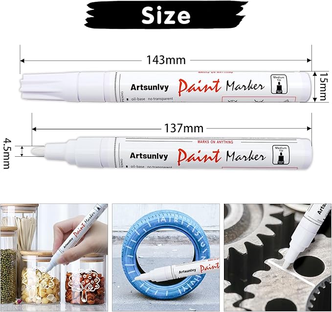 Artsunlvy White Paint Pens marking pens Permanent Markers - 2 Pack Oil Based Waterproof Markers for Tire, Rubber,Wood, Rocks, Metal, Canvas,Plastic, Dark Surface,Craft office Supplies,Medium Point