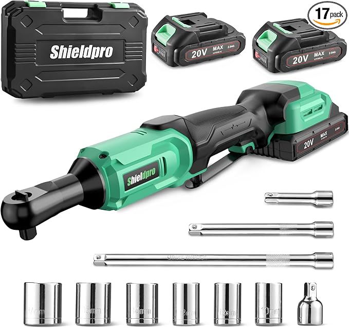 20V Cordless Ratchet Wrench Set - 3/8" Electric Power Ratchet Kit with 400RPM, LED Work Light, and 2 Batteries, Fast Charger, Sockets, Adapters and Extension Bars (Green)