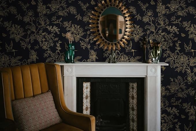 Froluya Black and Gold Wallpaper Peel and Stick Wallpaper 17.7"x118.1" Vintage Floral Boho Peel and Stick Wall Paper Dark Removable Self Adhesive Contact Paper for Bedroom Cabinets Shelf Liner Vinyl