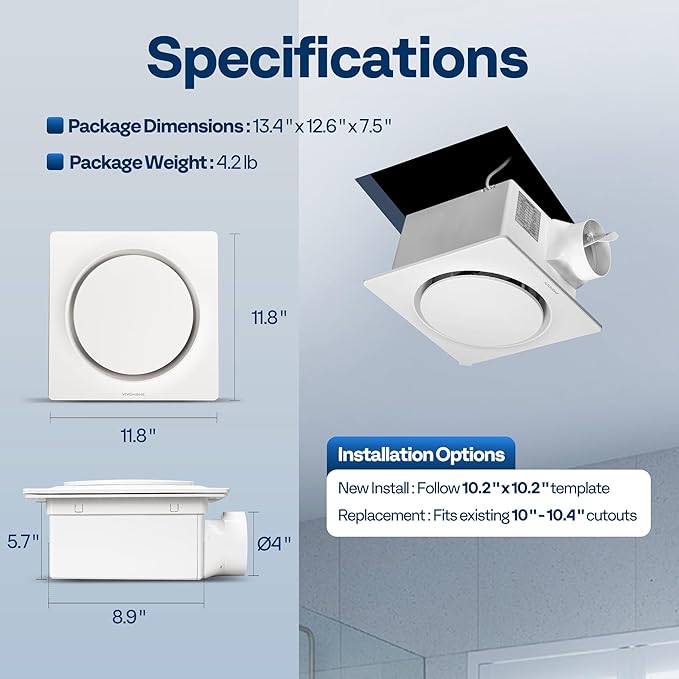 VIVOHOME AutoFlow Bathroom Exhaust Fan with Humidity Sensor 110CFM - Energy-Saving EC Motor,10.2-inch Ceiling Retrofit Bath Fan, No Attic Access Needed(Install Kit, 4-in Duct Included)