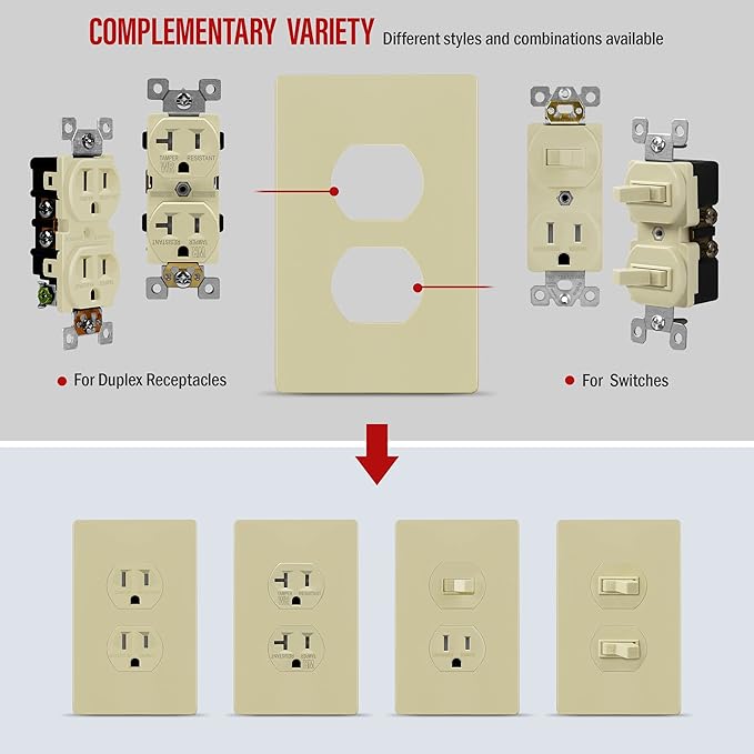 ENERLITES SI8821-I Duplex Outlet Receptacle Cover, Screwless Wall Plate, Standard Size, 1-Gang 4.68" x 2.93", Unbreakable Polycarbonate Thermoplastic, UL Listed, SI8821-I-10PCS, Ivory, 10 Pack
