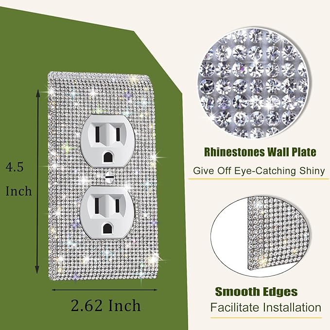 3 PC Shiny Silver Rhinestones Outlet Covers Wall Plates Light Switch Cover Plate Outlet Cover Rhinestones Outlet Plate Decoration Wall Electrical Outlet Cover Plates