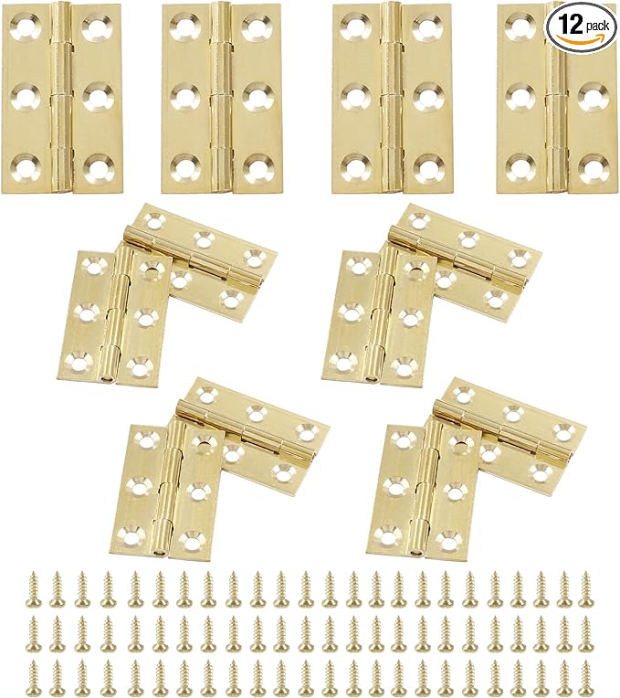 12Pcs Mini Solid Brass Hinges,1.5 Inch Mini Solid Brass Butt Hinges,Small Folding Butt Box Hinges,Brushed Gold Interior Door Hinges for Chest Wood Box Cabinet Door